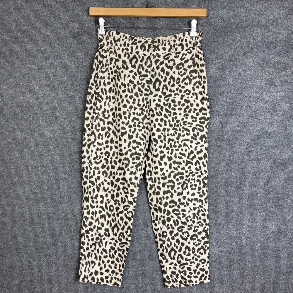 J. Crew Pants Womens 2 Cream Leopard Print Excellent High Rise Paperbag Waist